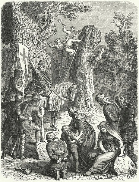 Charlemagne orders the felling of the Irmensaule, sacred oak tree of the Saxons, 772 (engraving)