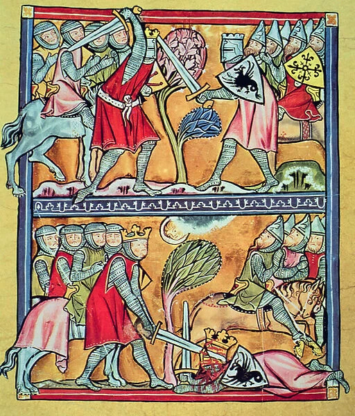 Charlemagne and his paladins in battle against the Saracens, miniature from Charlemagne and his paladins (vellum)
