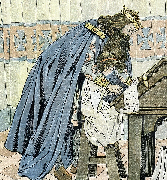 Charlemagne with a student inventing the school, 1895 (Illustration)