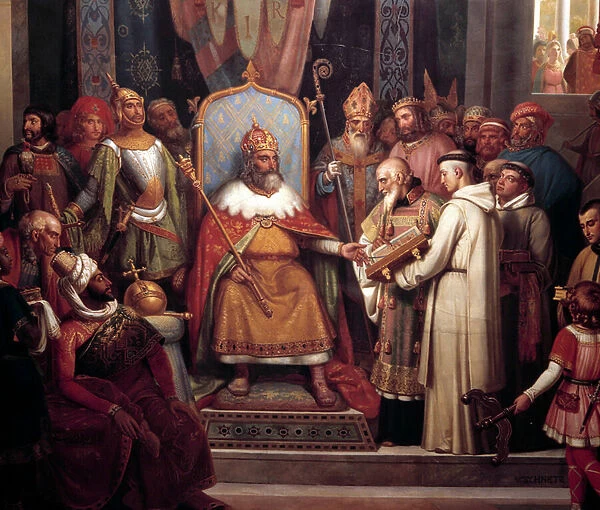 Charlemagne surrounded by his chief officers, received Alcuin, who introduced manuscripts