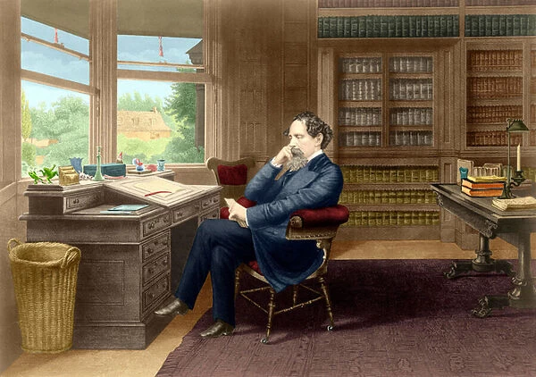 Charles Dickens in his study in Gadshill, 1865-70 (colour litho)
