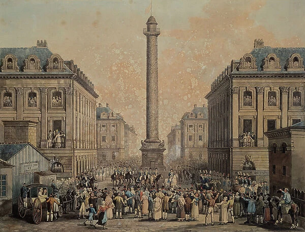 Charles-Ferdinand de France (1778-1820) Duc de Berry returning to the Tuileries through the Place Vendome, 1814 (pen & ink and w / c on paper)