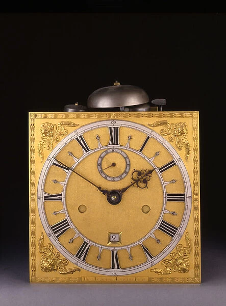 Detail of a Charles II Roman striking month-going longcase clock