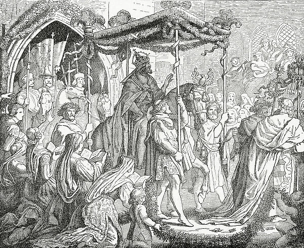 Charles IV, Holy Roman Emperor, visiting Pope Urban V in Avignon in 1365, 1882 (litho)
