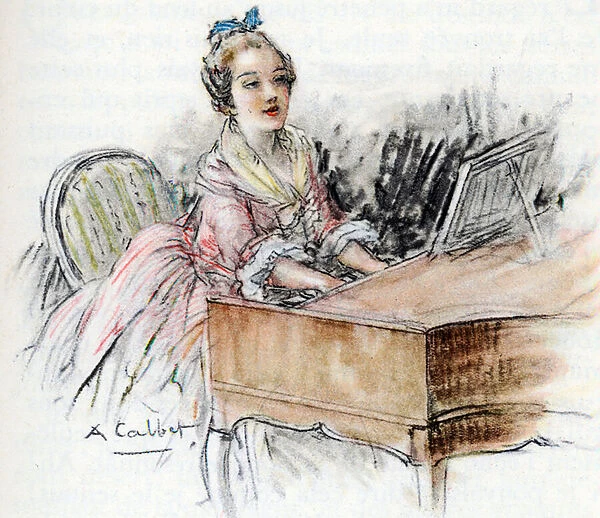 Charlotte playing harpsichord, 1935 (drawing)