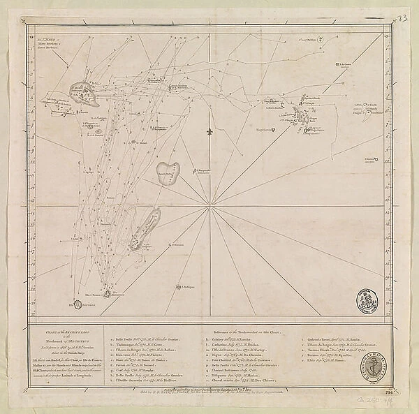 Chart of the Archipelago to the Northward ot Mauritius laid down in 1776 by M le Victe Grenier Lieut in the French Navy [Includes Seychelles, Southernmost Maldives Mauritius group & Chagos Archipelago], 1811 (print)