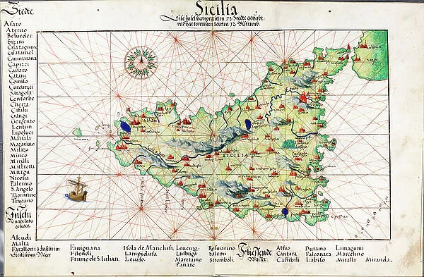 Chart of Sicily, 1554 (vellum)