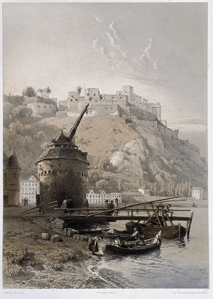 Chateau Saint Coar and Rheinfelds. In 'The monumental and picturesque Rhine'. Lithographs by Fourmais and Stroobant, 19th century