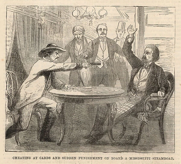Cheating at cards and sudden punishment on board a Mississippi steamboat (engraving)