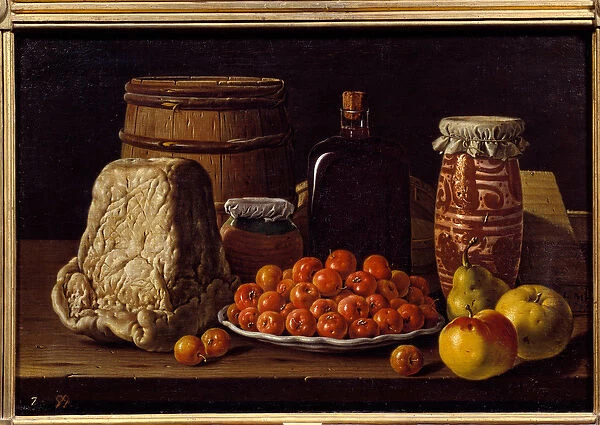 Cheese, fruit and recipient. Painting by Luis Melendez (1716 - 1780), Spanish school