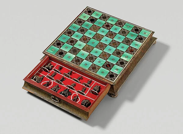 Chess set, Augsburg, c.1705-09 (silver inlay, tortoiseshell veneer, ivory & ebonised wood)