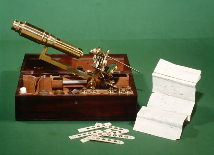 Framed Print : Chest Microscope, with selection of ivory sliders and list, c. 1800 (mixed media) Framed Print : Chest Microscope, with selection of ivory sliders and list, c. 1800 (mixed media)