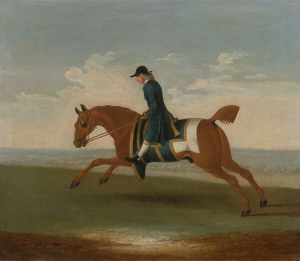Chestnut Racehorse Exercised by a Trainer in a Blue Coat (oil on canvas)