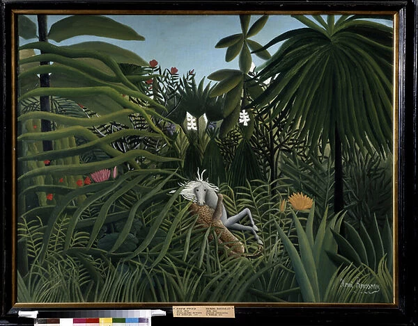 Cheval attaque par un jaguar. Peinture de Henri Rousseau dit le Douanier Rousseau (1844-1910), 1910. Dim 90x116 cm. Art Naif. Musee Pouchkine, Moscou
