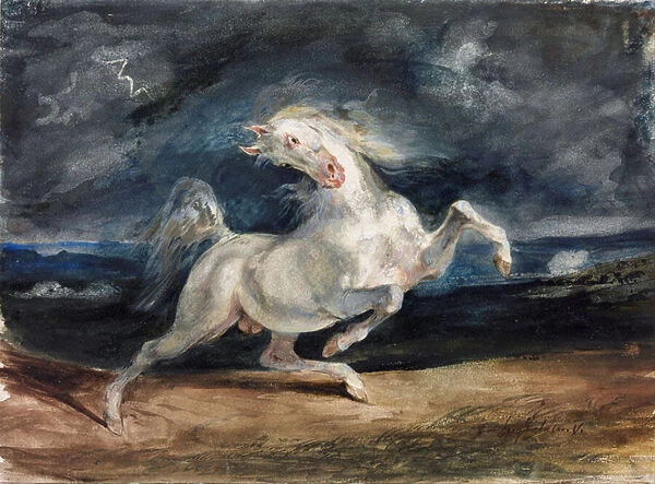 Cheval effraye par la foudre - Horse Frightened by Lightning - Delacroix, Eugene (1798-1863) - 1825-1829 - Watercolour, Gouache on Paper - 23, 6x32 - Szepmuveszeti Muzeum, Budapest