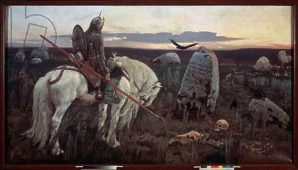 Un chevalier au carrefour (Le chevalier, arme d une lance, semble melancolique devant une stele gravee dans la plaine, entouree d ossements humains et survolee par un corbeau)