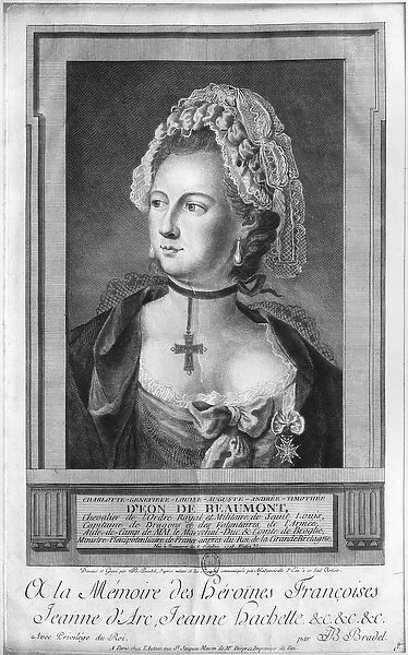 The Chevalier d Eon, dressed as a woman (engraving) (b  /  w photo)