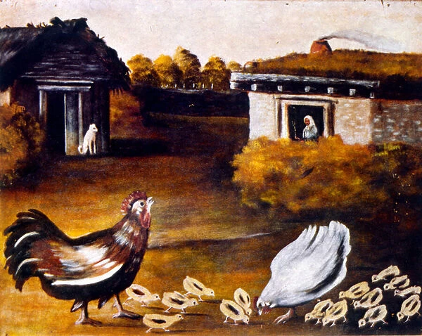 Chicken and cockerel, 1904, by Niko Pirosmani (1862-1918), Russian