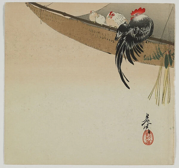 Chickens roosting on a sail, Meiji era, late 19th century (colour woodblock print)