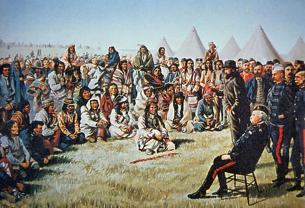 Chief Poundmaker surrenders to General Middleton during the North-West Rebellion of 1885