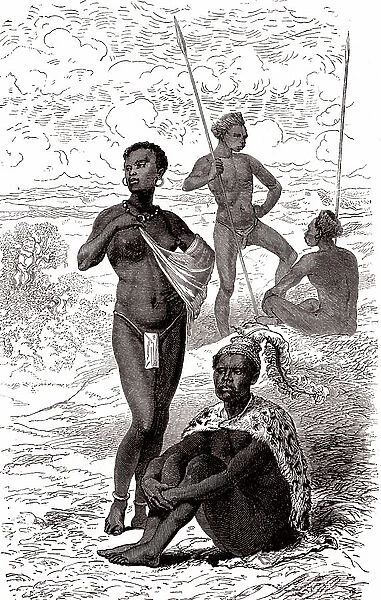 Chief of the tribe Kytch and his daughter. Upper Nile valley, 1867 (engraving)