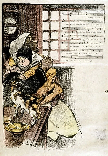 Child in the arms of a woman playing with a cat, ill. Steinlen for sheet music, s. d