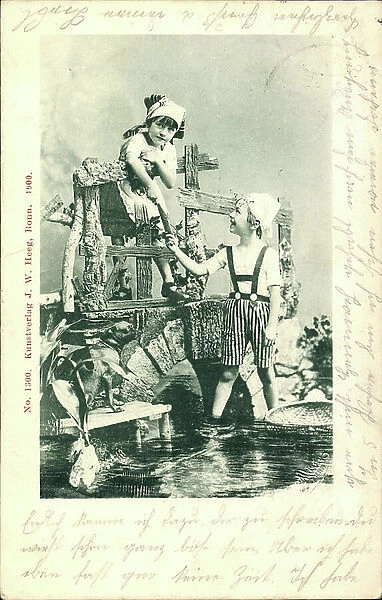 Two children in Bavarian costumes in the water, boy, girl (postcard)