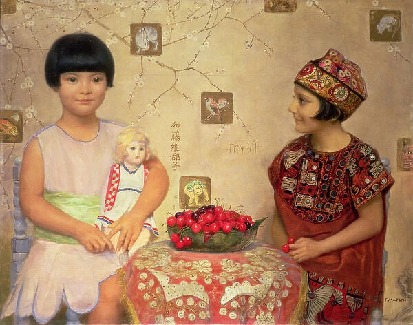 Two children with a bowl of cherries