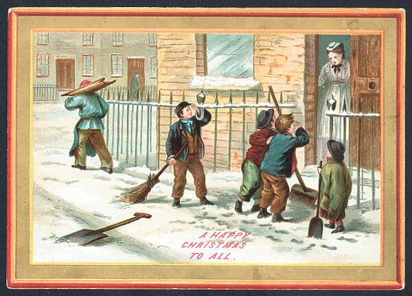 Children cleaning away snow and knocking on doors! Christmas Card (chromolitho)