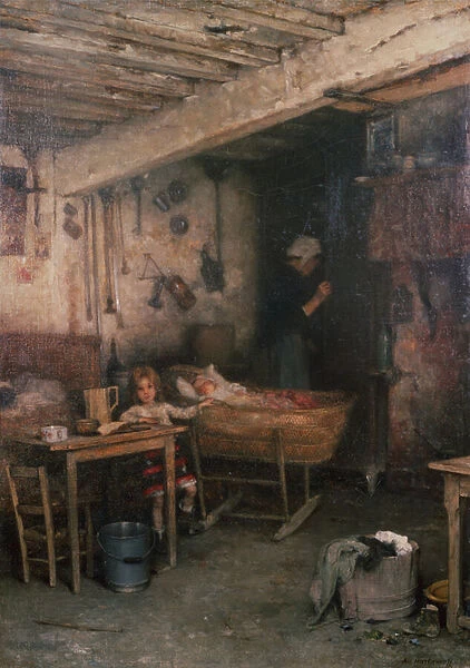 Children in a Cottage Interior (oil on canvas)