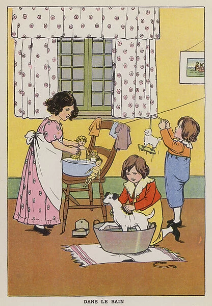 Children giving their toys and their pet dog a bath (chromolitho)
