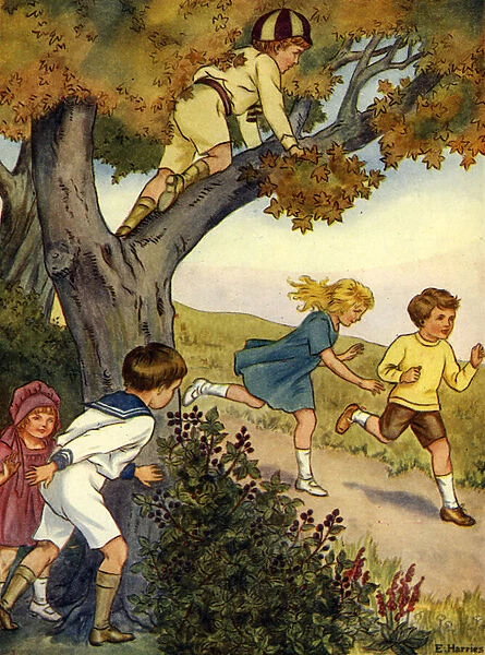 Children hiding in and behind a tree