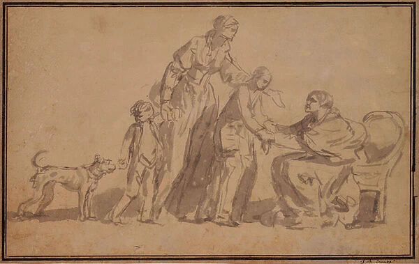 Two children and mother welcomed by an old nurse, 1725-1805 (Pencil, Watercolour)