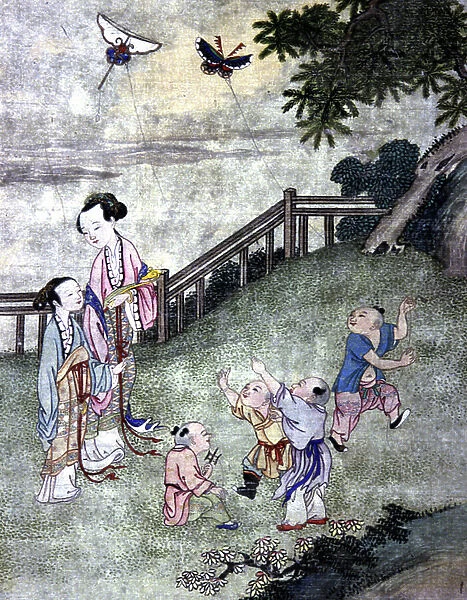 Children playing kite, mid 19th century (print)
