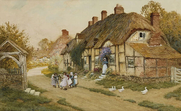 Children Playing Outside a Cottage in a Village, (watercolour heightened with white