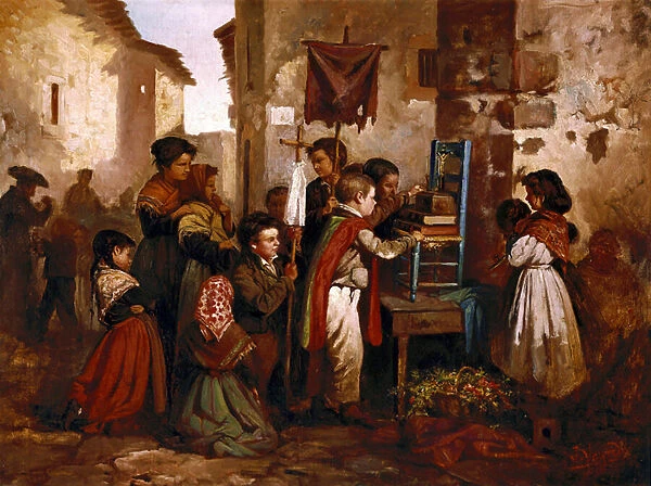Children playing in the religious procession, painting by Joaquim Vayreda y Vila