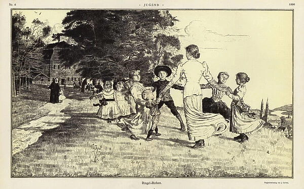 Children playing Ring a Ring o Roses (litho)