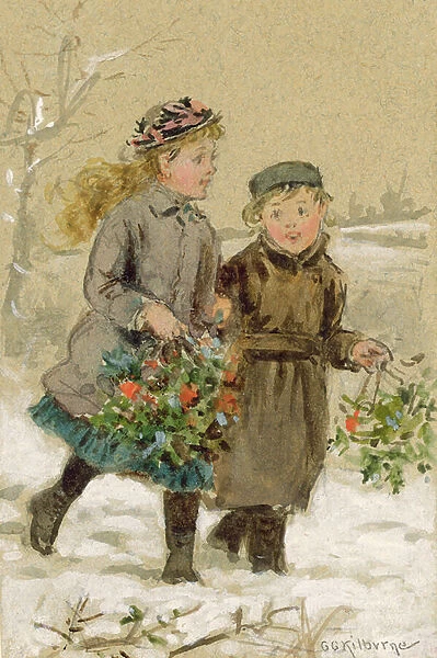 Children Playing in the Snow - Collecting Holly (w  /  c heightened with white on paper