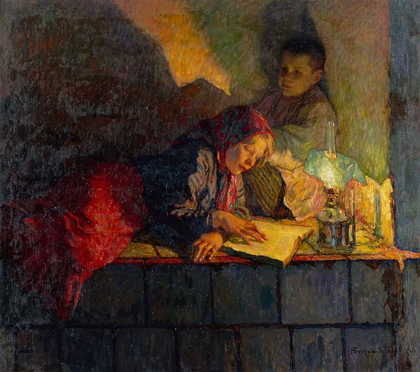 Children Reading by Candlelight (oil on canvas)