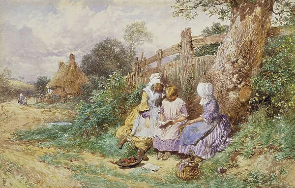 Children Reading Beside a Country Lane, (pencil and watercolour heightened with white)