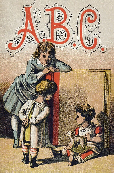 Three children sitting in front of a book: Cover of the book ABC, 19th century (chromo)