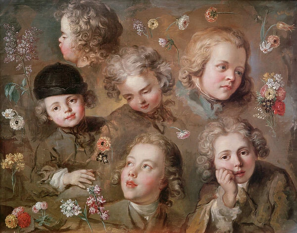 Childrens heads and flowers (oil on canvas)