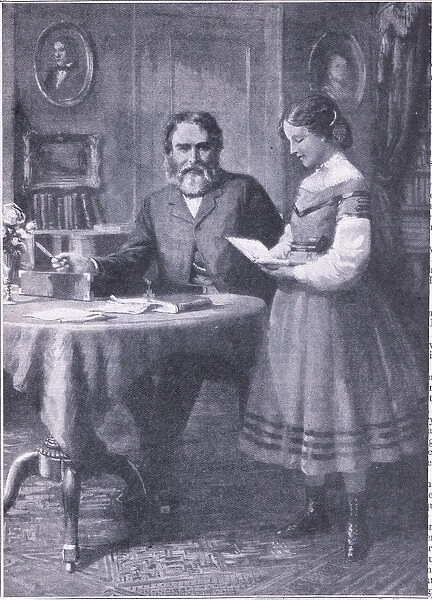 The Childrens Poet with Edith: Longfellow with his daughter (colour litho)