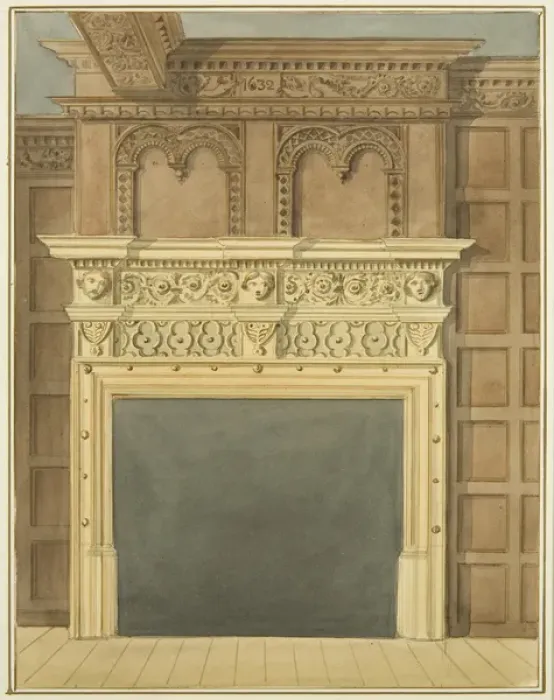 Framed Print : Chimneypiece and panelling, dated 1632, in house on north side of St Nicholas Street