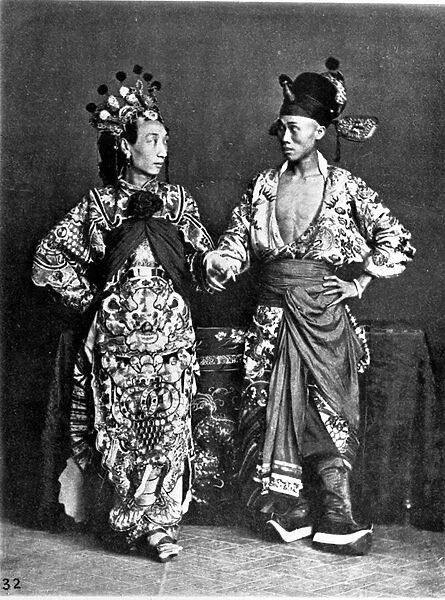 China, 2 actors (men) dance, c. 1870 (photo)