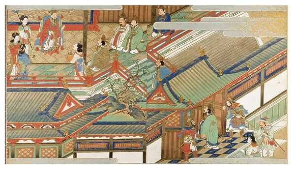 Chinese court scene in Yamato-e style, 19th century (woodblock on paper)