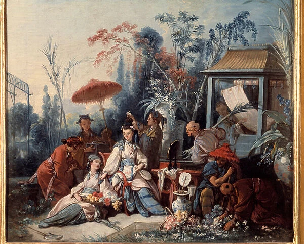 Chinese Garden Scene of Chinoiseries depicting a young woman surrounded by servants