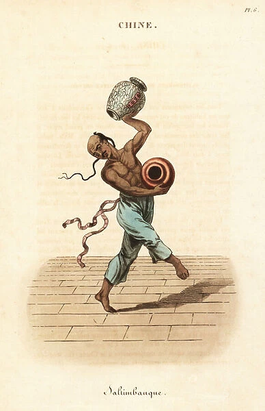 Chinese juggler dancing and juggling with two large vases. 1822 (engraving)
