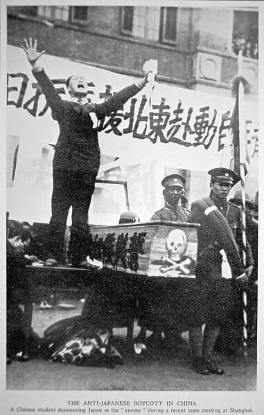 A Chinese student denouncing Japan as the enemy at a mass meeting in Shanghai as part of