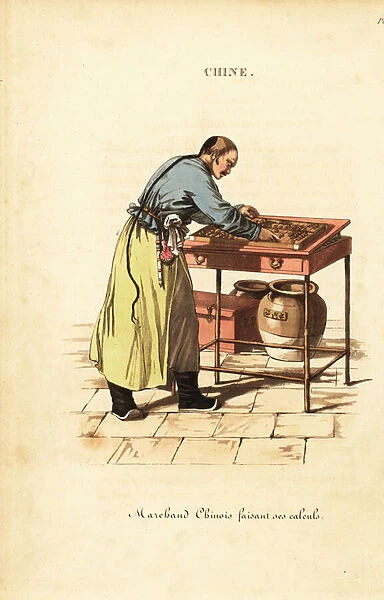 Chinese tradesman calculating with swan-pan, 18th century 1822 (engraving)